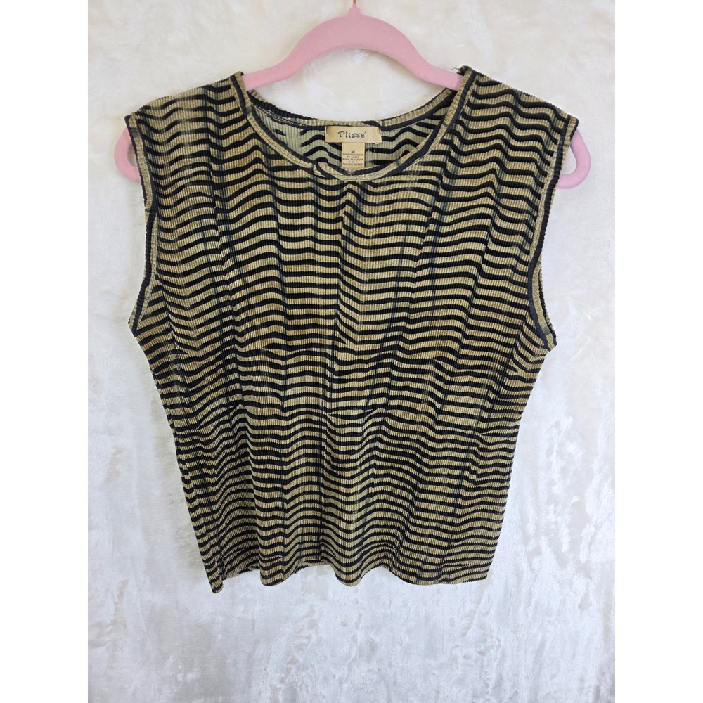 90's Vintage Plisse Womens‎ Metallic Gold Black Wavy Stripe Pleated Top